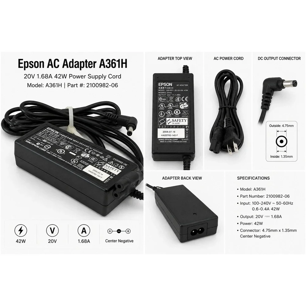 Epson AC Adapter A361H 20V 1.68A‎ 42W Power Supply Cord 2100982-06 Black